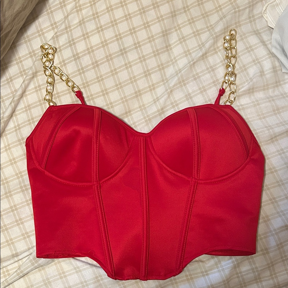 Say What? Red Tank Top with Gold Chain Straps